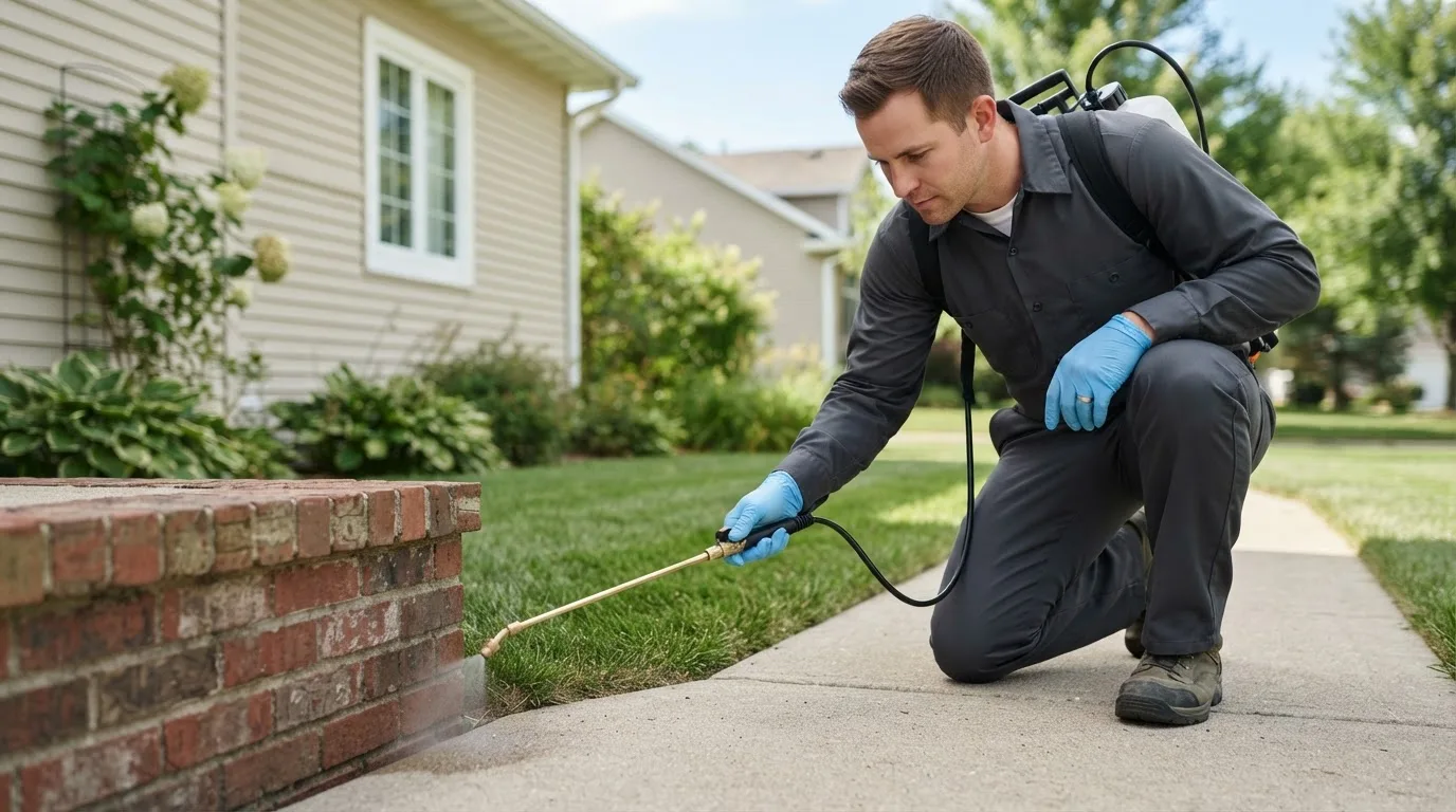 Pest control technician treating a home near Ashley, MI