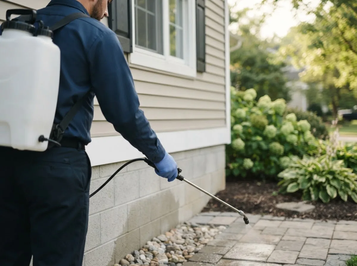 Pest control technician inspecting a home in Ashley, MI